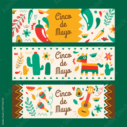 Colorful cinco de mayo banners with festive illustrations and lettering