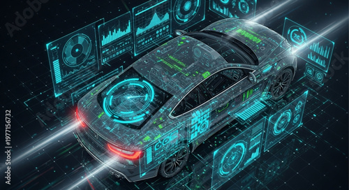Futuristic Car with Digital Interface and Data Visualization.