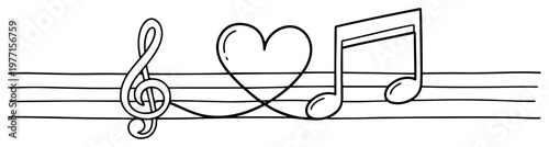 Musical staff with treble clef and notes forming a heart shape in elegant line art style