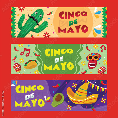 Colorful cinco de mayo banners with traditional mexican themes and decorations