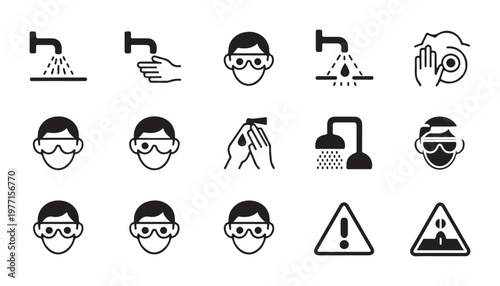 Safety eye wash station icons set showing emergency shower procedure and facial protection equipment graphics.