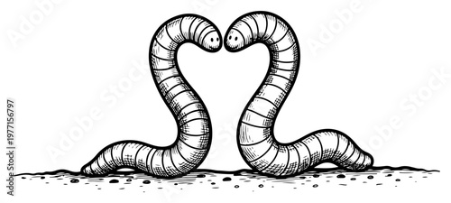 Two worms in love forming a heart shape with their bodies in detailed hand drawn sketch style
