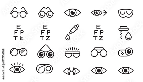 Ophthalmology eye care icons set with vision testing charts glasses and medical optometry tools line vector.