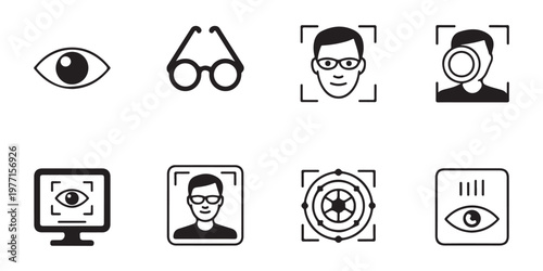 Retinal scan and facial verification technology icon collection with eye identification and biometric systems.