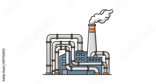 Industrial Factory Building with Smoke Stack and Pipes.