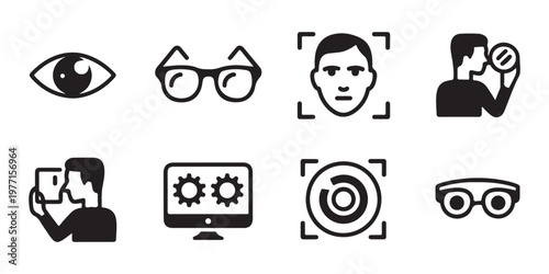 Modern eye tracking and facial recognition icons set with biometric identity and smart vision device symbols.