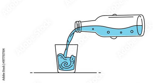 Simple graphic illustration of fresh water being poured from a glass bottle into a drinking glass for healthy hydration concepts.