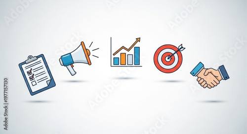 Business Icons Representing Marketing Strategy and Success.