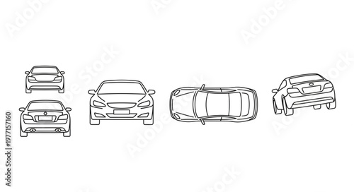 Car blueprint views front back top side perspective.