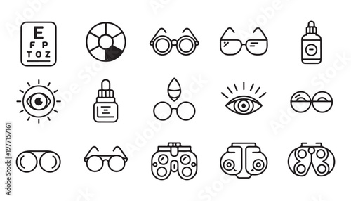 Collection of eye care and vision test related icons for ophthalmology and optometry professions.