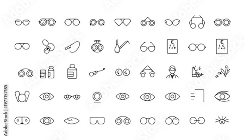 Comprehensive optical health icons with various eyeglass frames vision examination tools and ocular symbols.