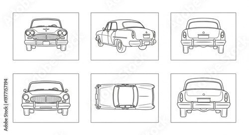 Vintage Car Blueprint Line Drawing Multiple Views.