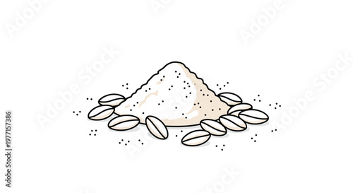 Simple illustration of a pile of salt or flour surrounded by loose grains on a white background for cooking and bakery themes.