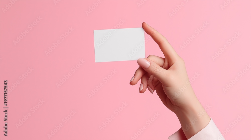 Obraz premium Close-up of a young female hand holding a small white card isolated on pink background