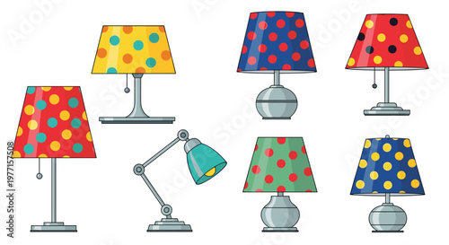 Collection of various table lamps with colorful polka-dotted shades and different metallic and ceramic bases for home decoration.