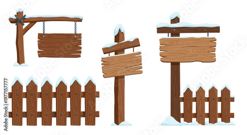 Rustic wooden signs and a traditional garden fence covered in fresh winter snow designed for festive seasonal outdoor holiday and winter decorations.