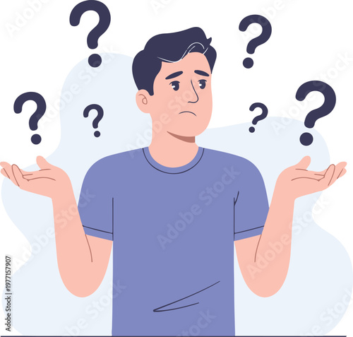 Doubtful Male Character Shrugging Shoulders in Flat Vector Illustration
