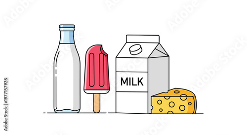 Simple vector illustration featuring a fresh milk bottle milk carton a red popsicle and a slice of yellow cheese for various food and snack themes.