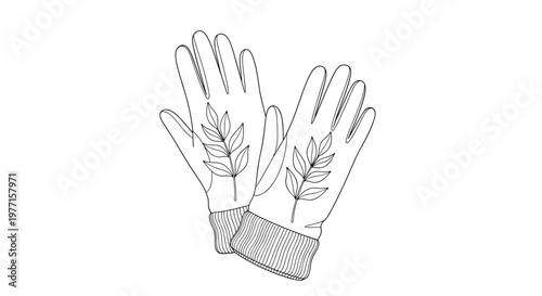 Detailed black and white line art illustration of a pair of warm winter gloves featuring beautiful decorative leaf patterns for fashion or craft design.