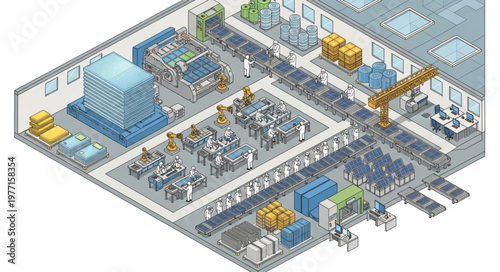 Isometric view of a modern industrial factory production line.