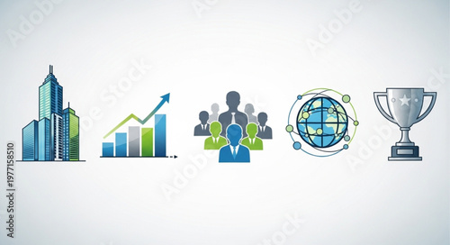Business success icons including building graph team globe and trophy.