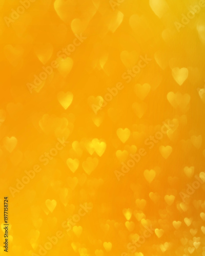 Abstract heart shape bokeh light background. Vibrant yellow and orange gradient with soft, romantic, glowing heart patterns