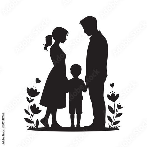 Black silhouette family of three standing together outdoors