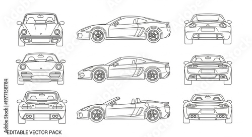 Set of car blueprints in different views and angles.