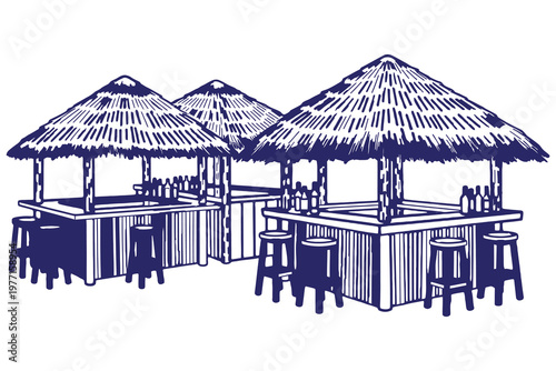 Three tiki bars illustration a tropical relaxation scene with thatched roofs and seating