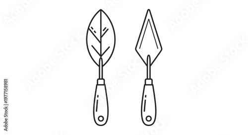 Two different types of professional garden trowels shown in simple black and white line art for gardening hobby and outdoor landscaping themes.