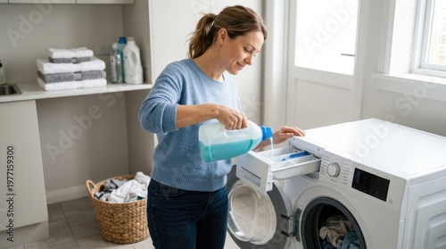 A woman is pouring laundry detergent into the detergent dispenser of a white washing machine. She is smiling and appears to be enjoying the task.