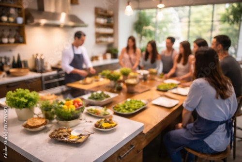 blurred background of Chef Leading a Group Cooking Class in Modern Open Kitchen