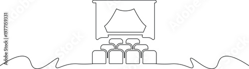 A minimalist line drawing of a movie theater with a screen and seats in a serene environment