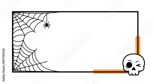 Halloween message frame featuring spooky spider webs in the corner and a winking human skull at the bottom with orange accents.