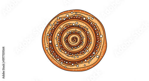 Top down view of a freshly baked cinnamon roll or spiral bun with sugar crystals or glaze in a warm colored illustration.