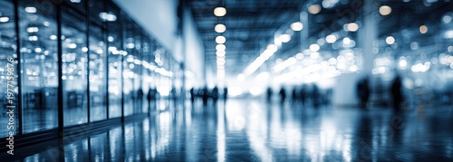 Blurred, blue-toned interior of a large modern building with people moving
