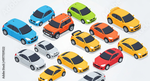 Collection of colorful isometric cars on a white background.