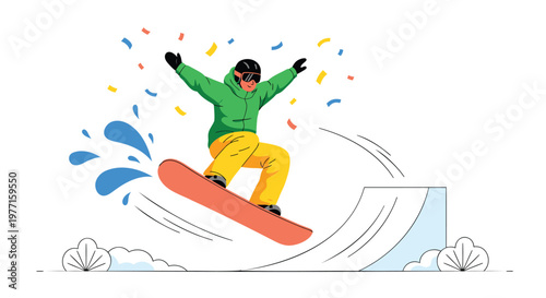 Snowboarder, colorful celebration, winter sports, action icon
