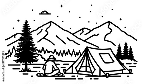 Camping in the mountains line art vector illustration with outdoor adventure scene tent traveler pine trees and starry night sky