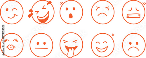Face emoji icon set. Hand drawn doodle sketch style happy, angry, sad mood face emoticon background. Funny cartoon characters smile, wink, kiss emoji. Cute circle emotion element. Vector illustration