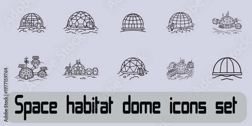 Space habitat dome icons set, lunar base and Mars colony research stations, futuristic planetary living structures, black and white vector illustrations.