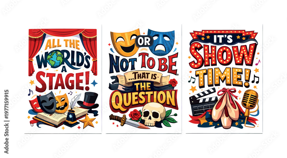 Obraz premium Theatrical posters with famous quotes about stage and performance