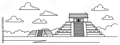 Mayan pyramid of Chichen Itza line art vector illustration showing ancient Mexican Aztec temple and historic ruins