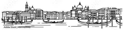 Venice Italy skyline panoramic view with gondolas and historic architecture minimalist line art illustration