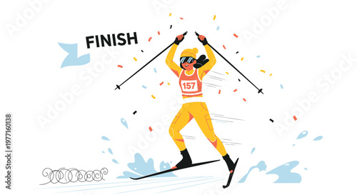 Cross-country skier, winter sports, athletic illustration, yellow ski suit