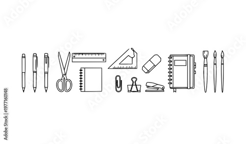 Minimal drafting and architectural tools outline icons vector set with rulers protractors compasses pencils and blueprints line-art