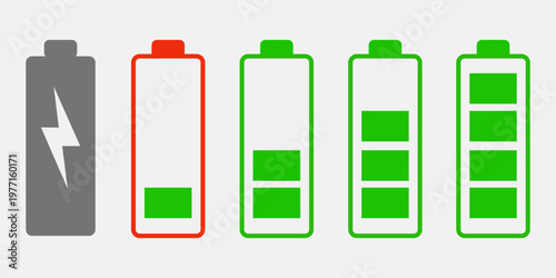 
Battery charge indicator icons. Phone charge level. Discharged and fully charged battery. Battery charge from high to low.