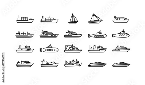Minimal boat and ship outline icons set with cargo vessel sailboat yacht and marine transport vector