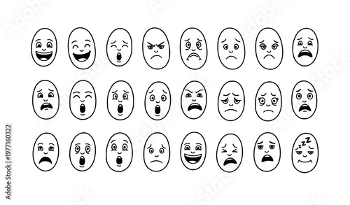 Hand-drawn oval faces vector set with expressive emotions including happy sad angry surprised and playful