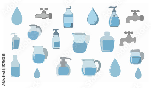 Cute cartoon water icons collection with smiling water drops bottles jugs dispensers and faucets vector